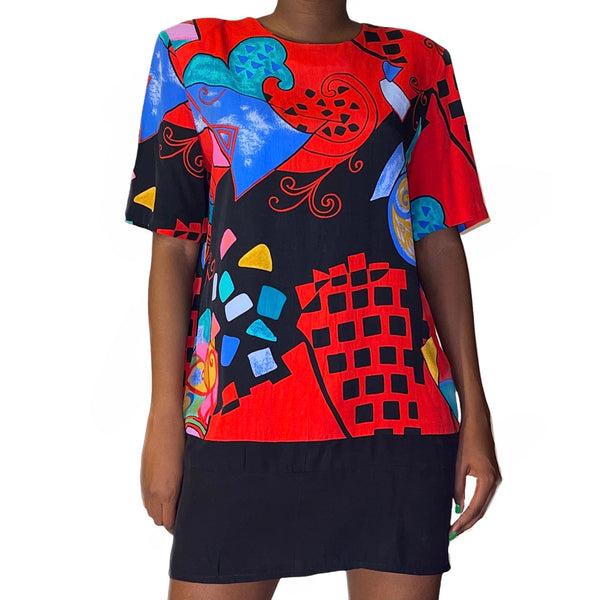 Vintage Abstract Red & Black Dress (S/M) - EXCEUS 