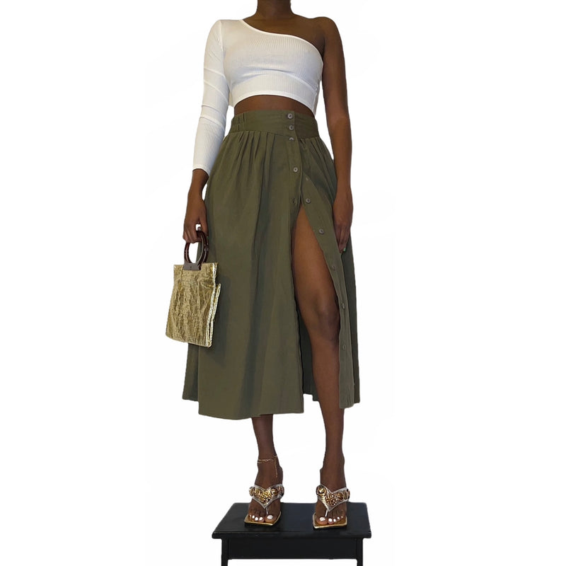 Vintage Green Khaki Button Down Skirt (M/L) - EXCEUS 