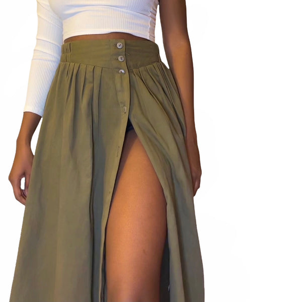 Vintage Green Khaki Button Down Skirt (M/L) - EXCEUS 